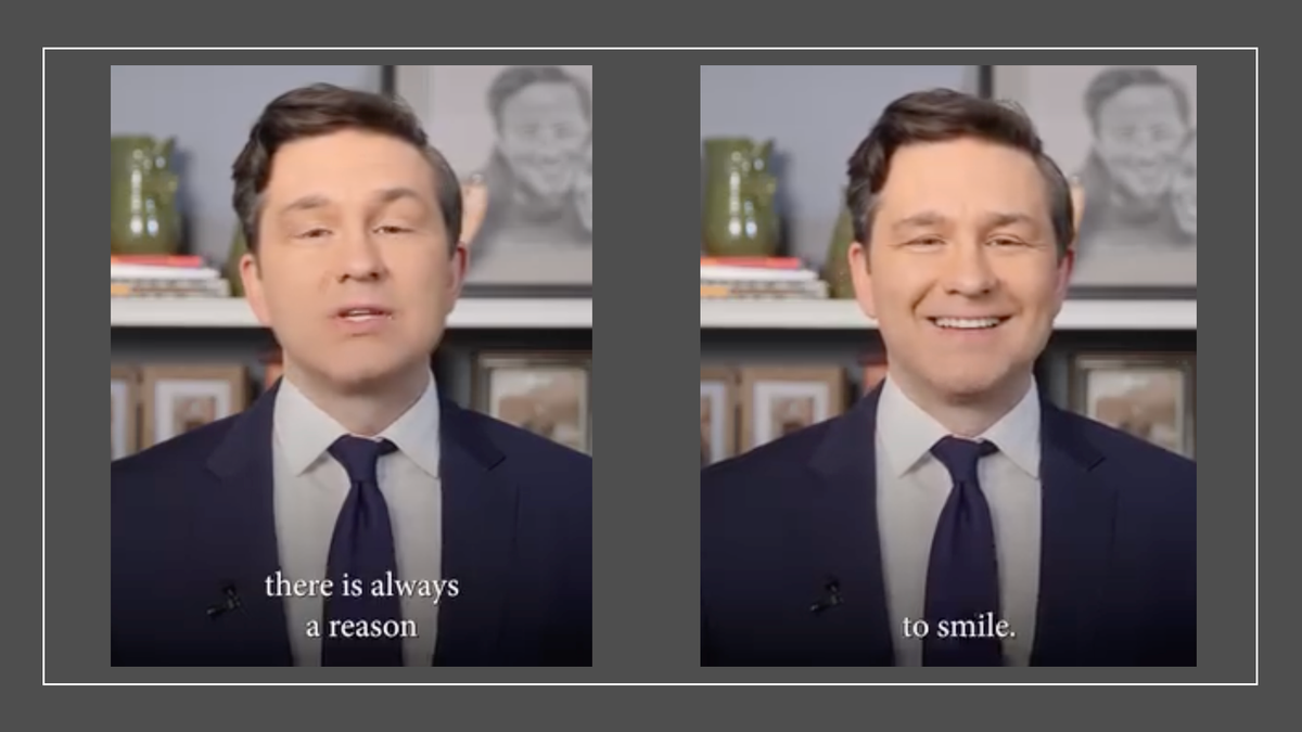 A man in a suit with hair parted to the right tells viewers "there is always a reason to smile," whereupon he noticeably fake-smiles.