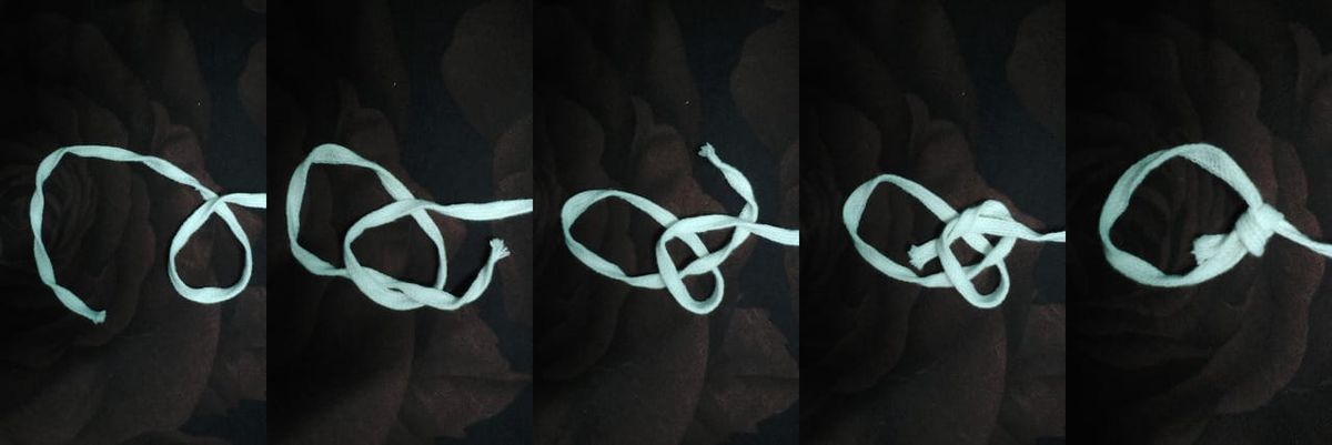 Visual instructions on how to tie a bow line knot, which is frequently used to secure ships to a dock.