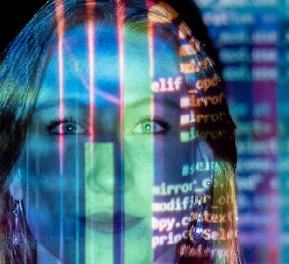 Photo of a woman's face with kaleidoscopic bars of colour overlaid, containing bits of computer code. 