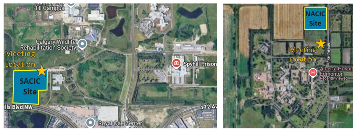 Maps showing the proposed footprints of the two drug jails in sparsely populated areas of Calgary and Edmonton.