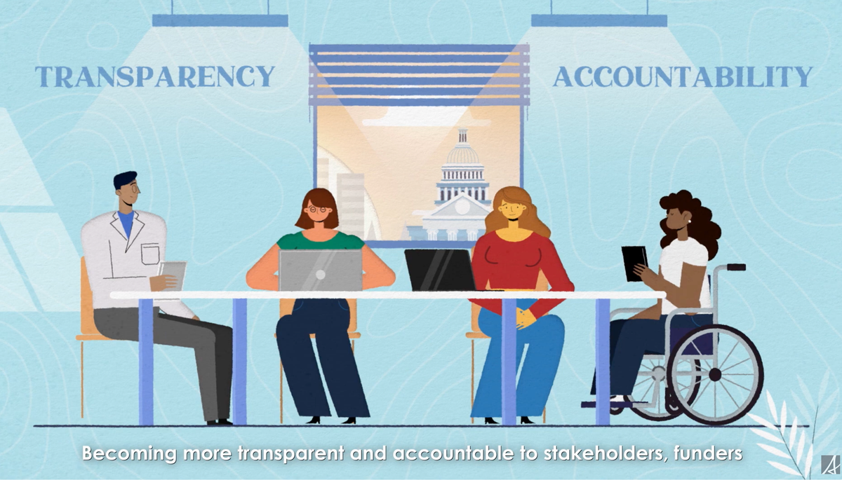 Cartoon of people on laptops sitting around a desk with the words "Transparency" and "Accountability" hanging overhead.