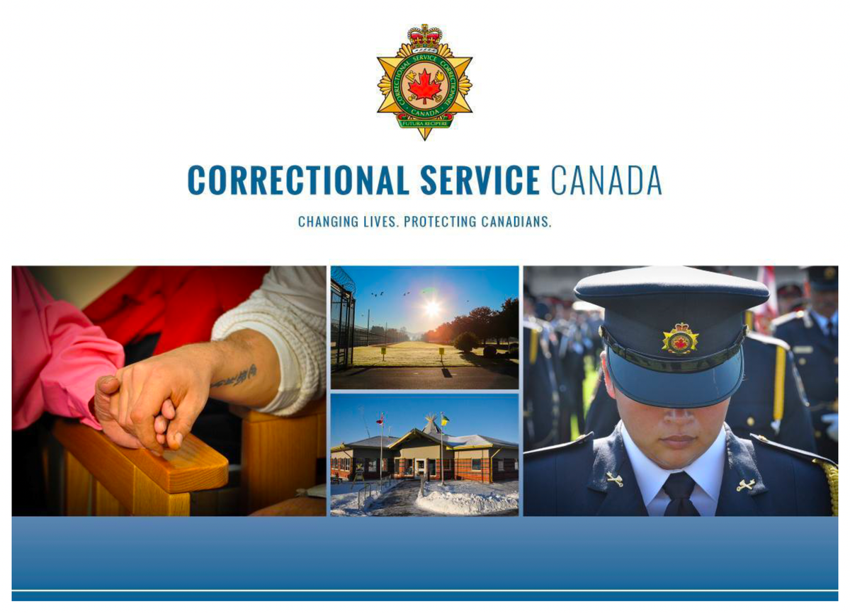 Correctional Service Canada with a crest above the wording, and several images below depicting connection, locations of prisons, and guard service.