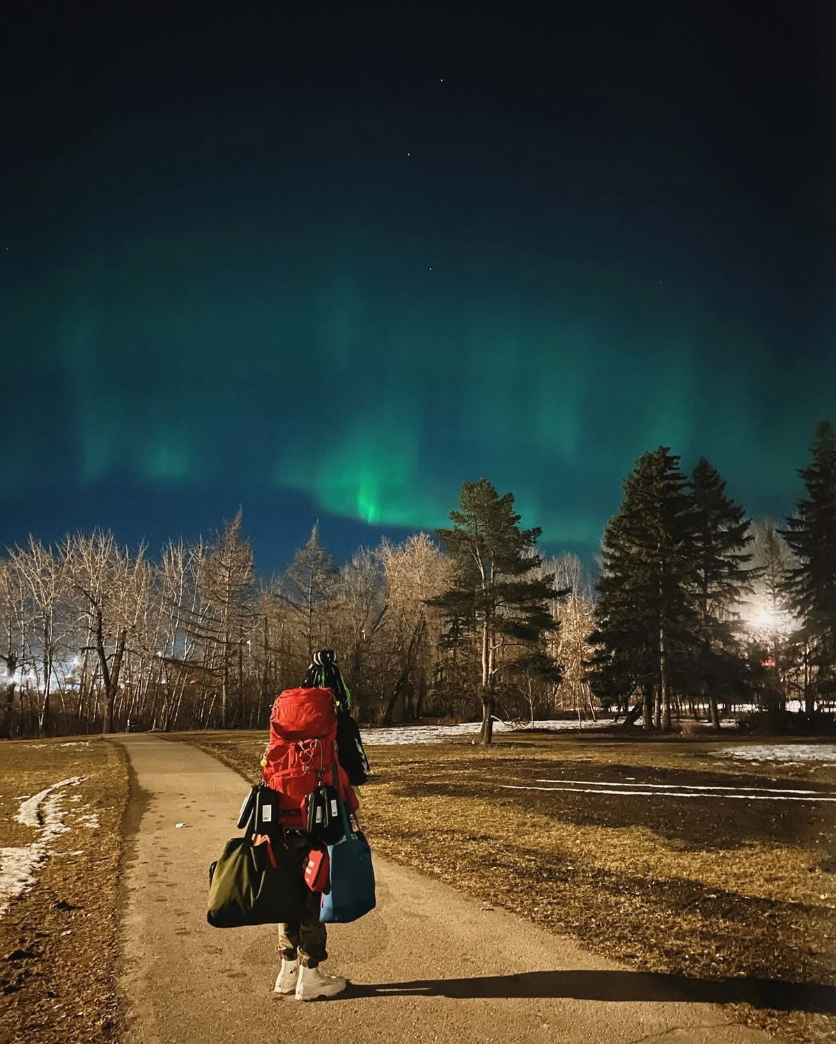 A person wearing a large red backpack stands under the northern lights on a path in a lightly wooded area. 