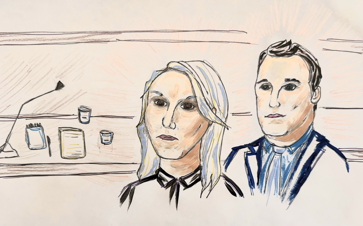 A courtroom setting is shown in pen and pencil drawing, where a woman and man appear with resolved and apprehensive expressions.