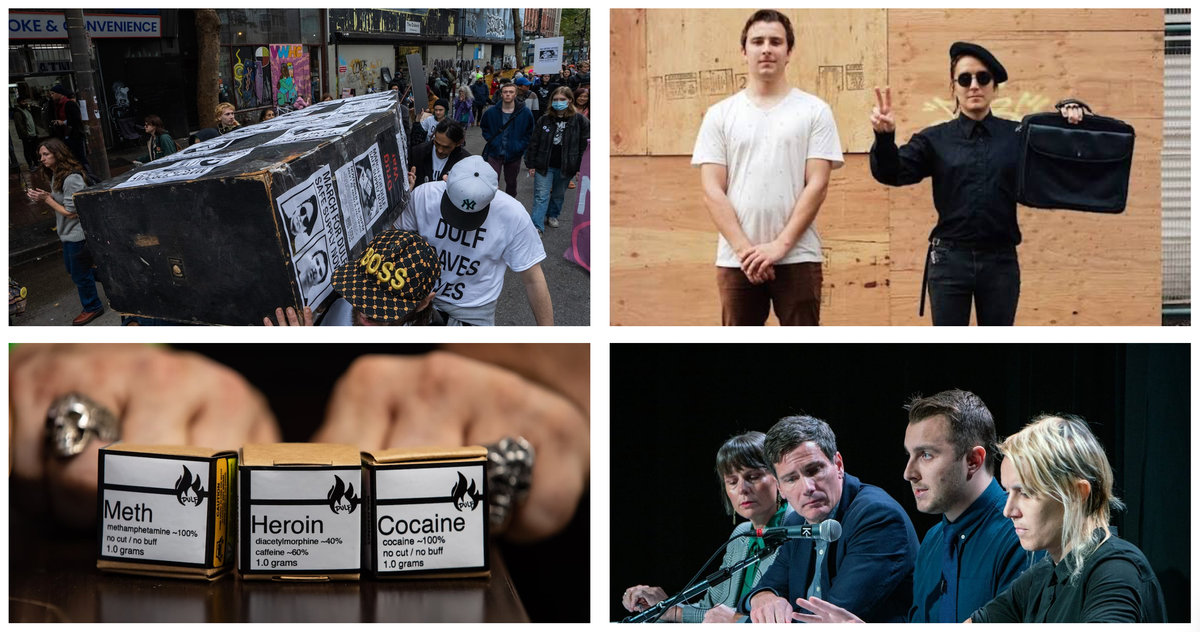 Photo of people in Vancouver carrying a coffin, photo of two people standing together one holding up a peace sign, photo of meth, heroin and cocaine packages, photo of a press conference