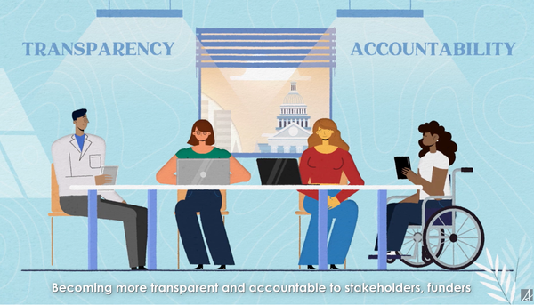 Cartoon of people on laptops sitting around a desk with the words "Transparency" and "Accountability" hanging overhead.