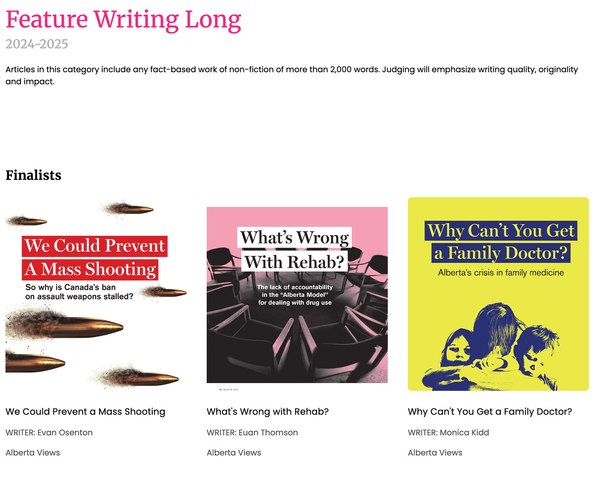 Three magazine covers from Alberta Views nominated for the award, including 'What's Wrong With Rehab?'