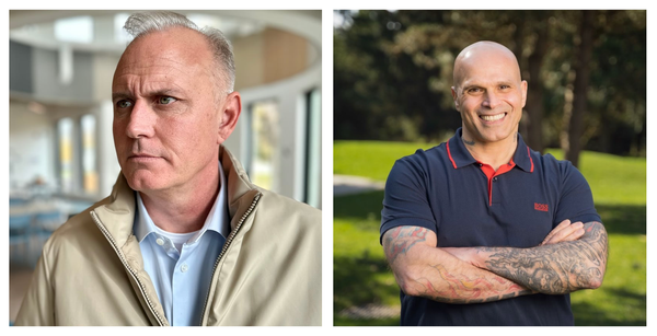 Two images of men in their late forties or fifities wearing collared shirts. One looks serious and the other is smiling with arms crossed.