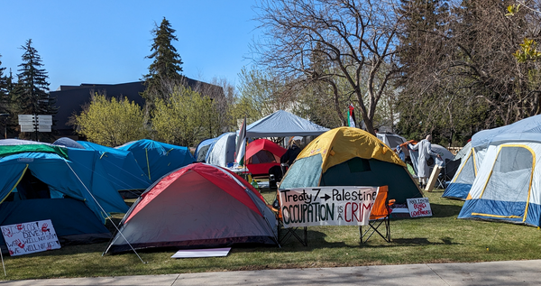 A tent encampment on a grassy area with around ten tents visible, and a sign saying Treaty 7 to Palestine, occupation is a crime.