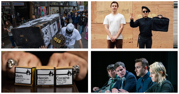 Photo of people in Vancouver carrying a coffin, photo of two people standing together one holding up a peace sign, photo of meth, heroin and cocaine packages, photo of a press conference