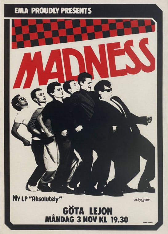 Madness Poster from 1980 concert in stockholm at https://www.tracks.co.uk/product/b46897-madness-1980-concert-poster-stockholm-sweden/