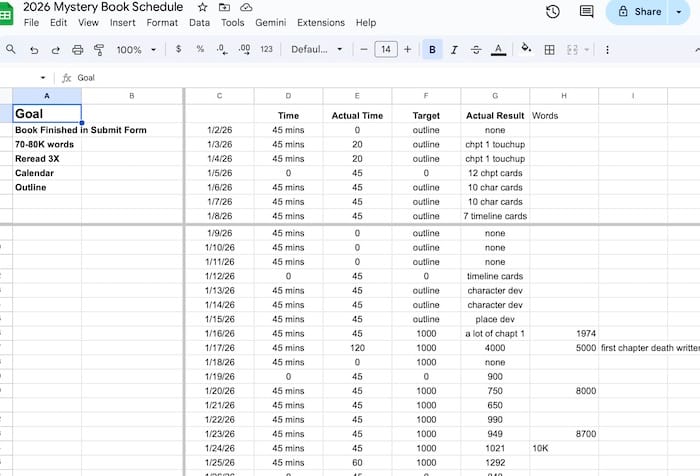 the mystery book schedule I made for myself 45 mins a day for a year