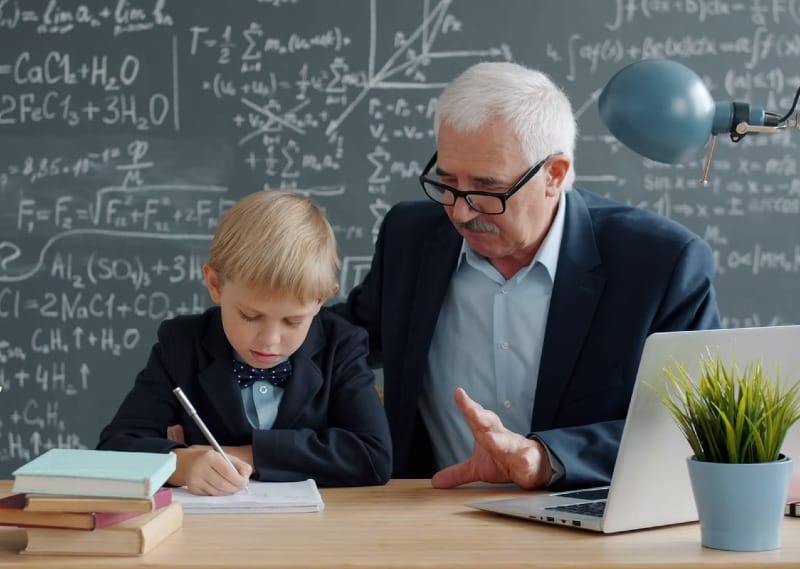 old math professor teaching young person only what they need to know now