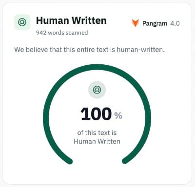 screenshot showing pangram thinks this is 100% written by a human