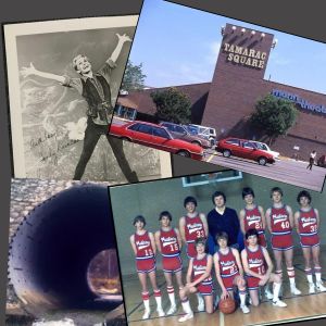 a montage of photos related to the story - sandy duncan, tamarac square movie theater, culvert, and group pic with the author