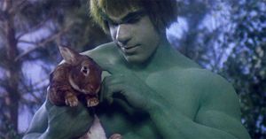 The Incredible Hulk holds a bunny from the TV show