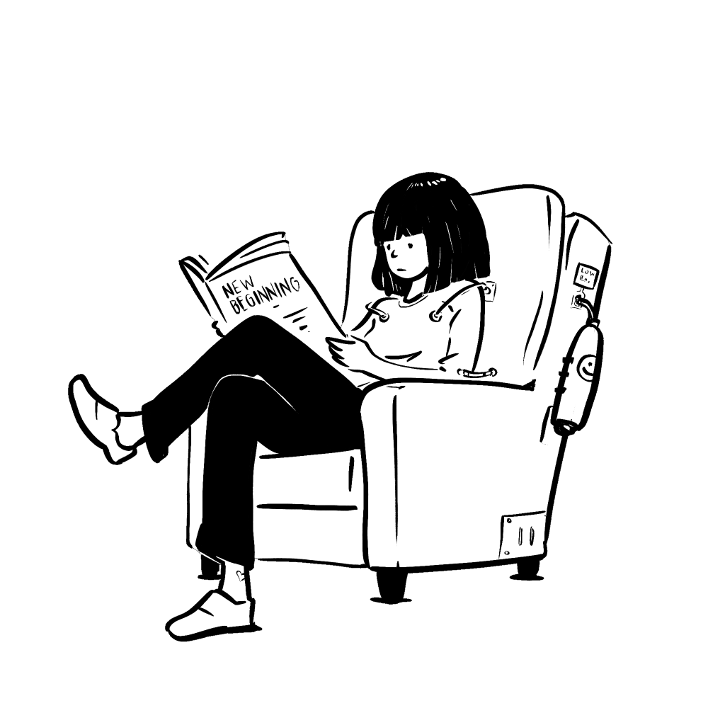 Engrossed in the "New Beginnings" newspaper, a figure reclines on a seemingly ordinary comfy couch. Yet, this furniture is more than meets the eye. As they rest, it seamlessly transforms into a life-sustaining device, its iron lung concealed within. Cables and tubes connect to the sitter, while gas tank purifiers stand sentinel at the side, ensuring every breath is pure in this fusion of relaxation and innovation.