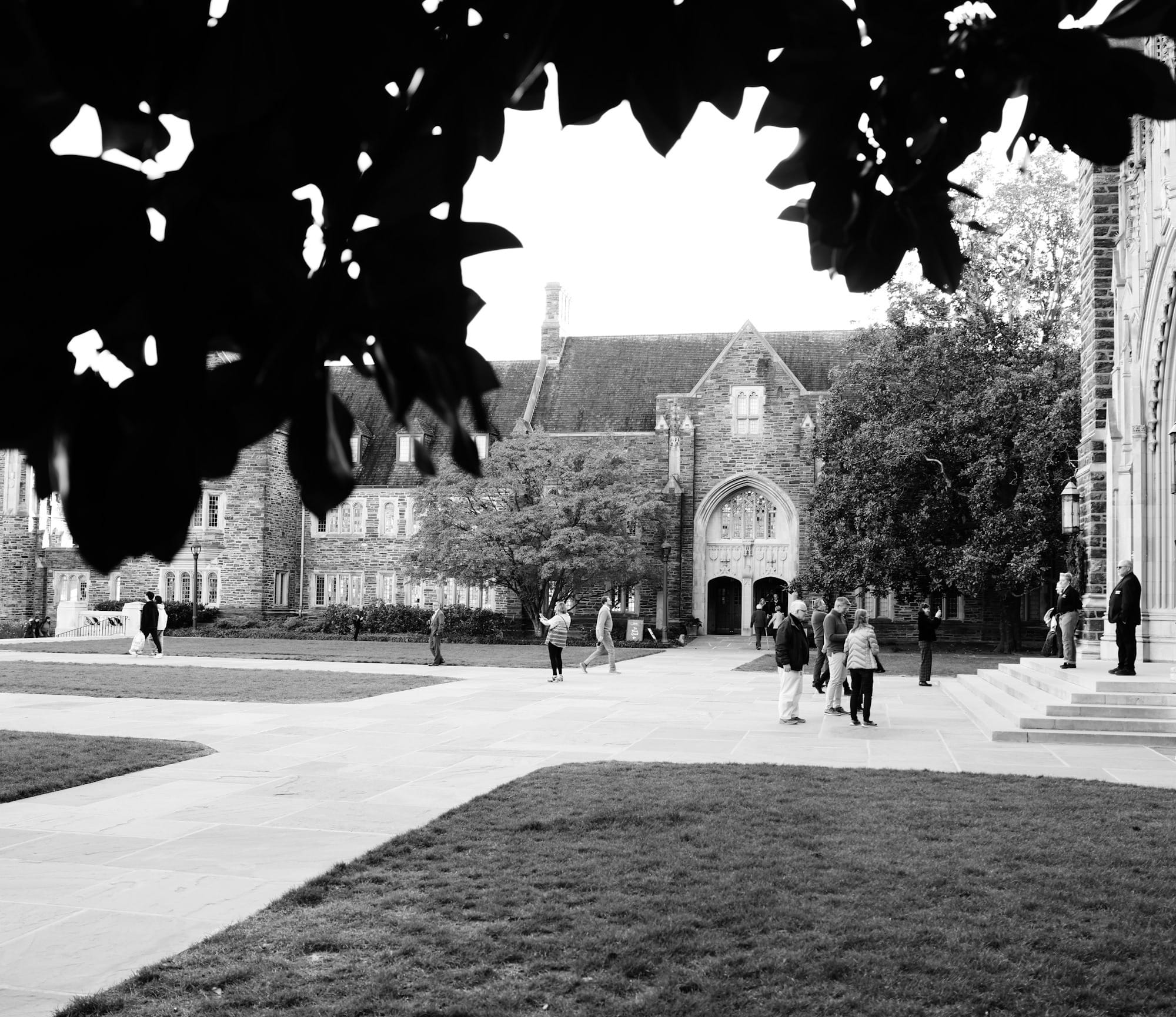 A black and white photo of a college campus