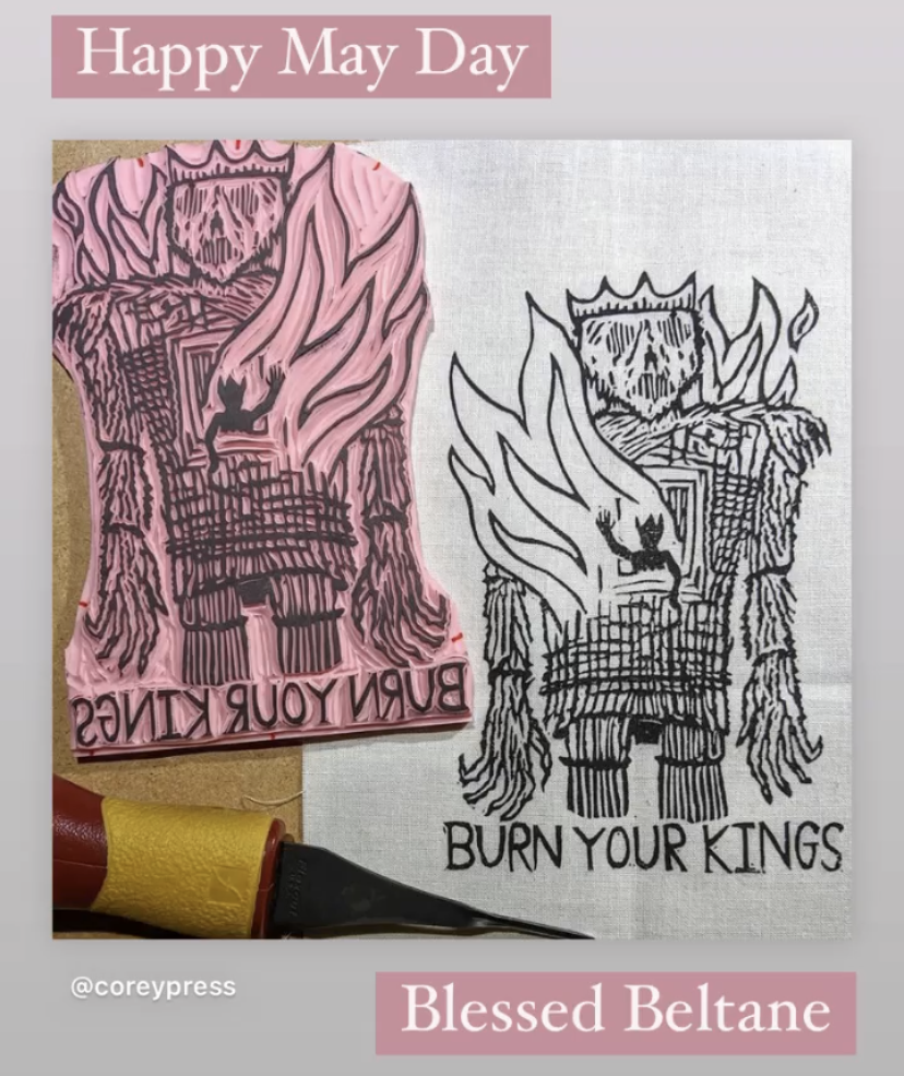 Linocut image of a burning Wicker Man-style leviathan with the caption "Burn Your Kings"