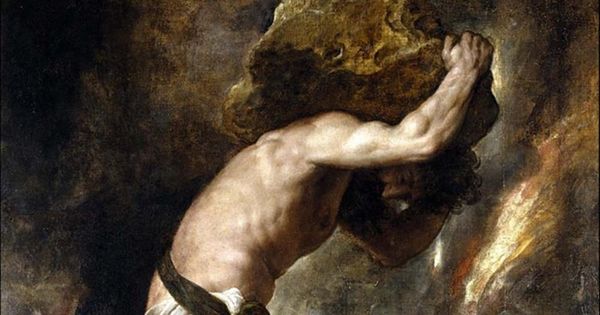 Detail of the painting Sisyphus, oil on canvas by Titian, 1548–49; in the Prado Museum, Madrid. You can pronounce it "TIT-ian" if you want, that's free.