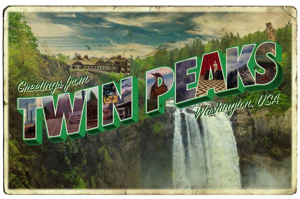A postcard from the fictional town of Twin Peaks that reads "Greetings from Twin Peaks"