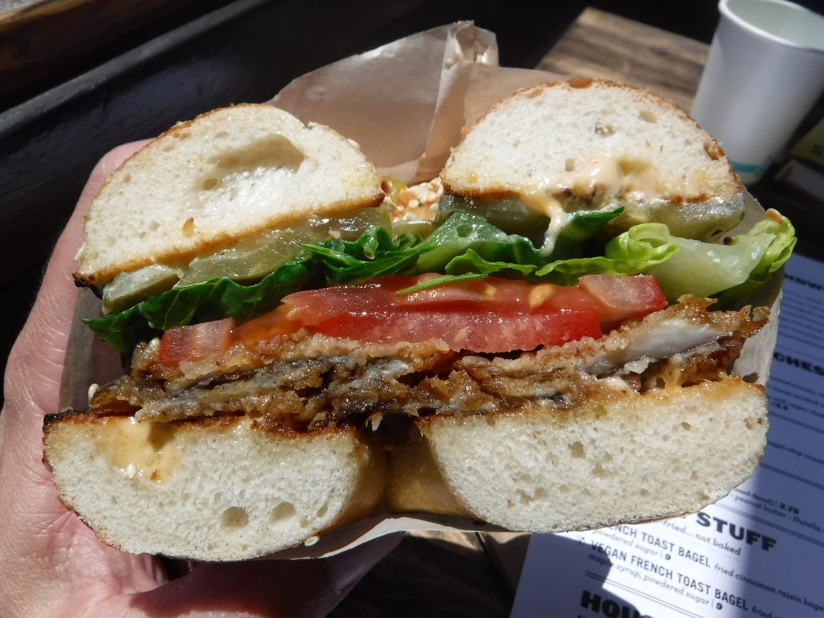 a good sandwich - fried oyster mushroom po' boy at bageltopia