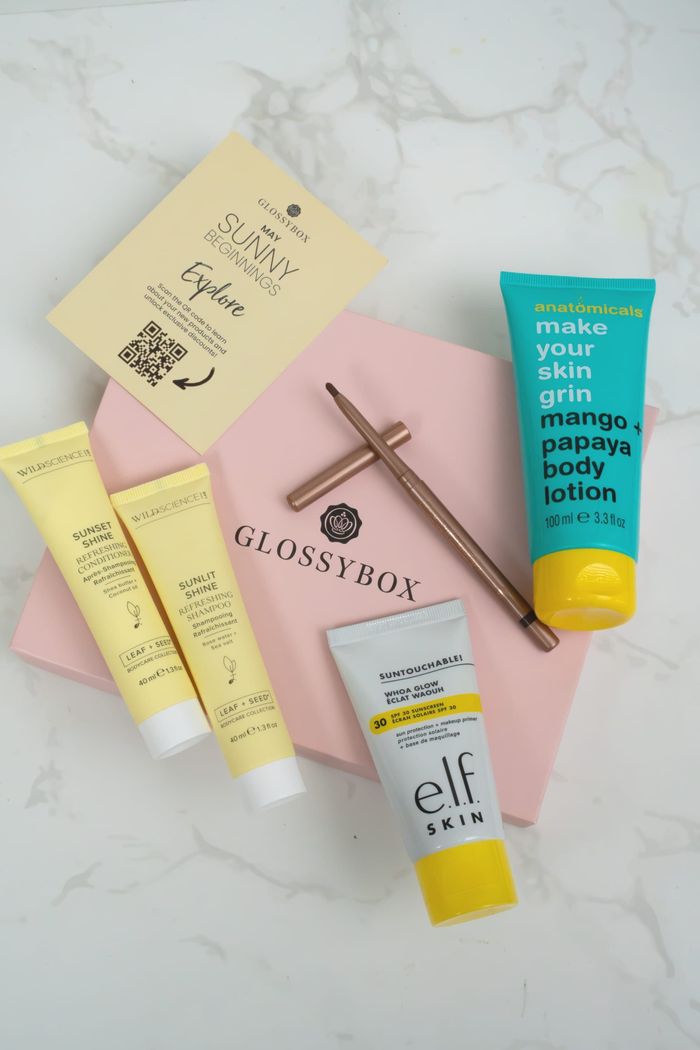 Glossybox May 2025 Review – Sun-Kissed Skincare, SPF & a Double Haircare Duo!