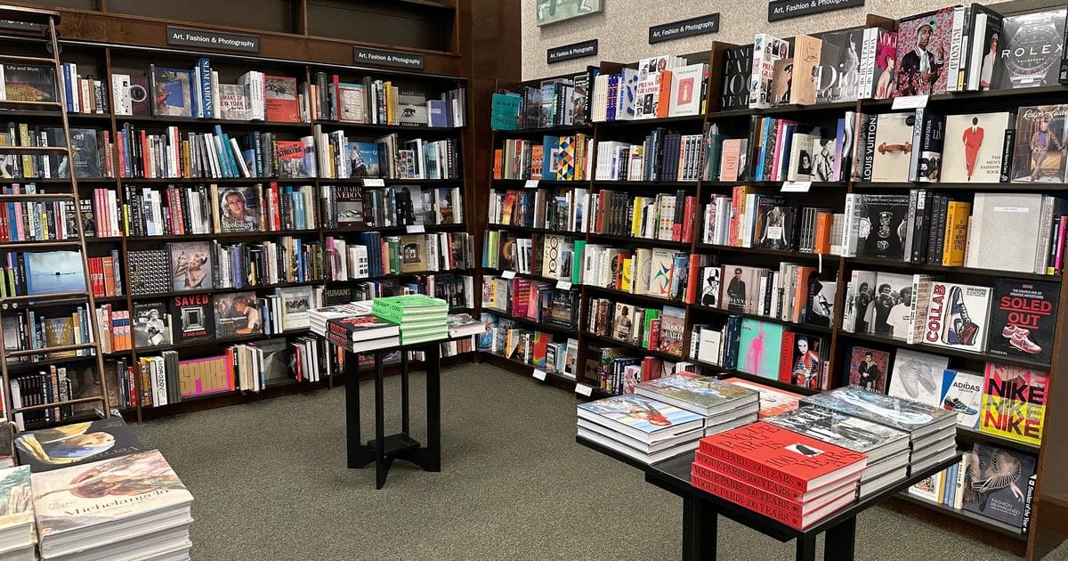 Packed bookstore shelves