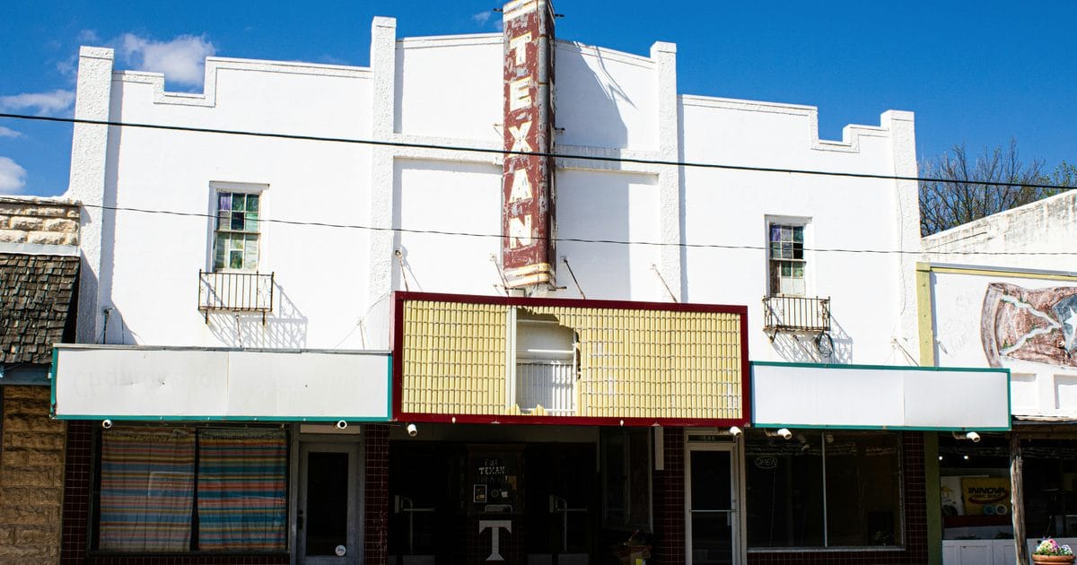 Vintage movie theater facade with marquee
