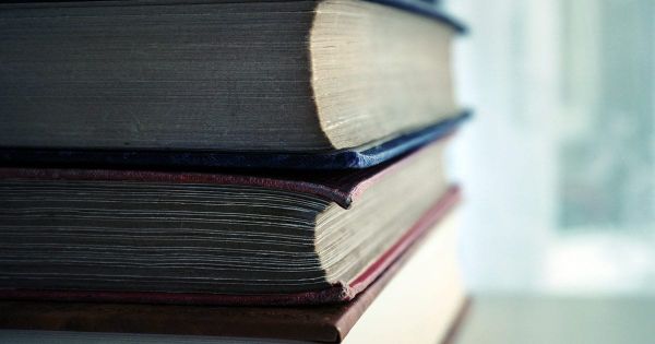 Stack of red and blue books