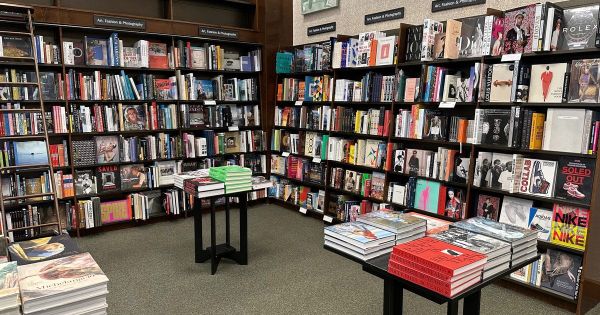 Packed bookstore shelves