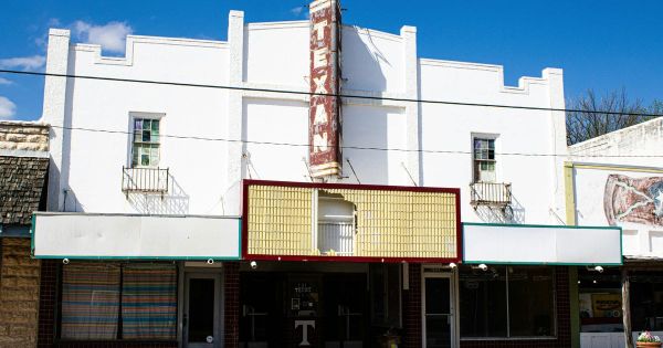 Vintage movie theater facade with marquee