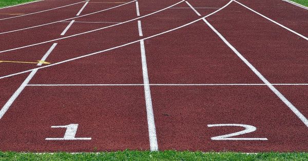 Numbered lanes on an athletics running track