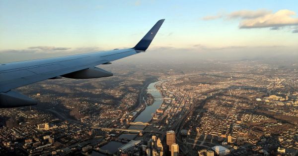 View of land and water from an airplane window