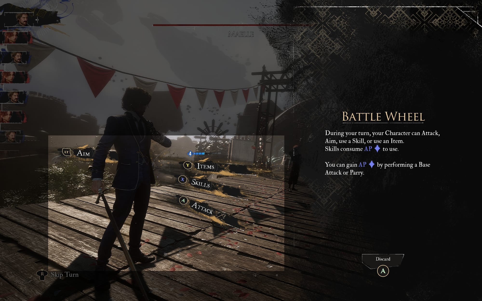 Screenshot showing "Battle Wheel" tutorial, instructing players how to use items, skills, and attacks.