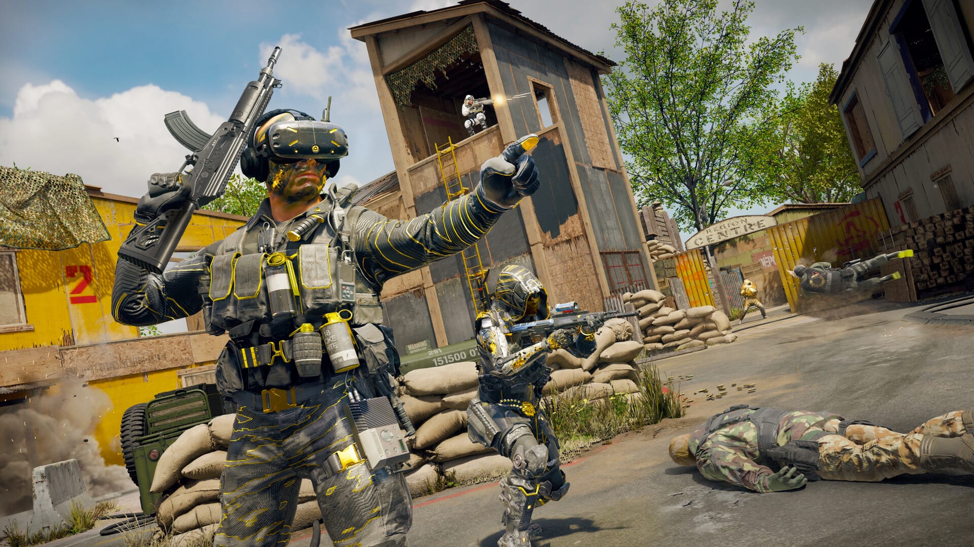 Call of Duty®: Black Ops 6 screenshot showing man with gun pointing, teammates in background