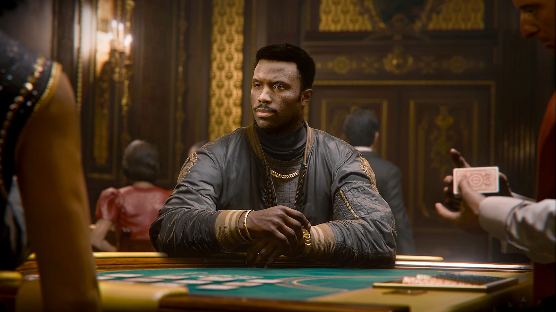 Call of Duty®: Black Ops 6 screenshot, Black man in a jacket sitting at regal poker table
