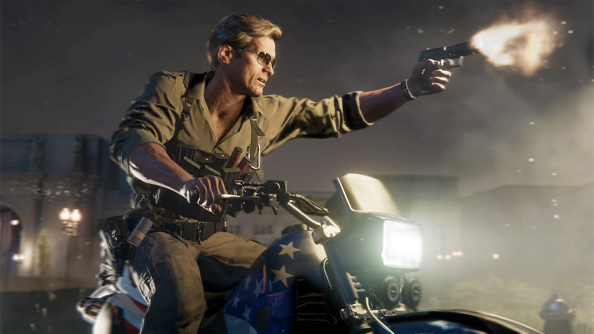 Call of Duty®: Black Ops 6 screenshot, man riding motorcycle shooting a pistol