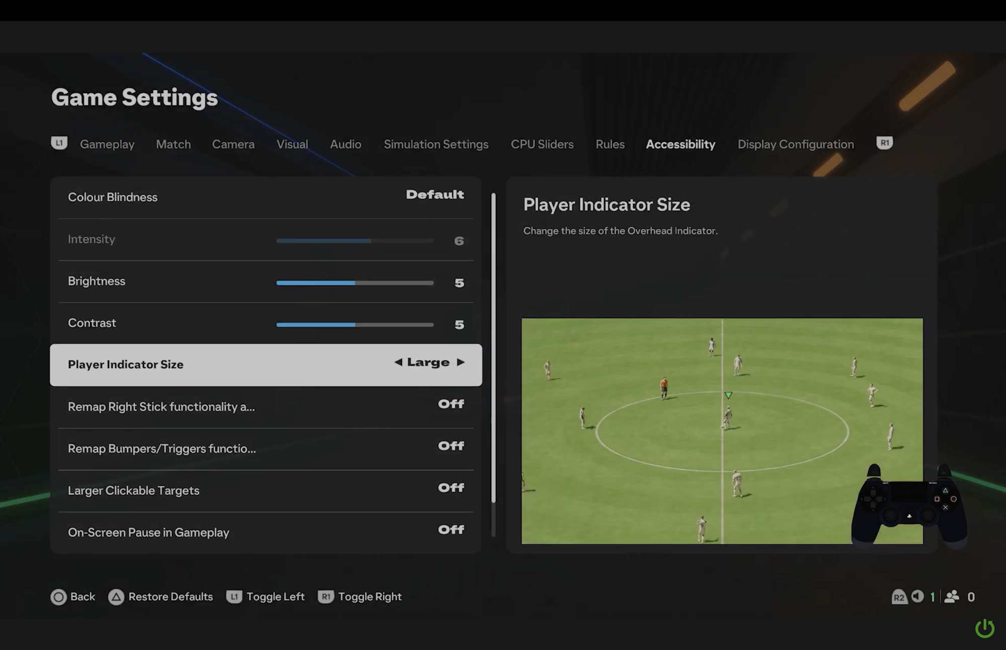Accessibility Settings in EA FC 25, showing Color Blindness settings, Player Indicator Size, and adjustments for brightness and controls.
