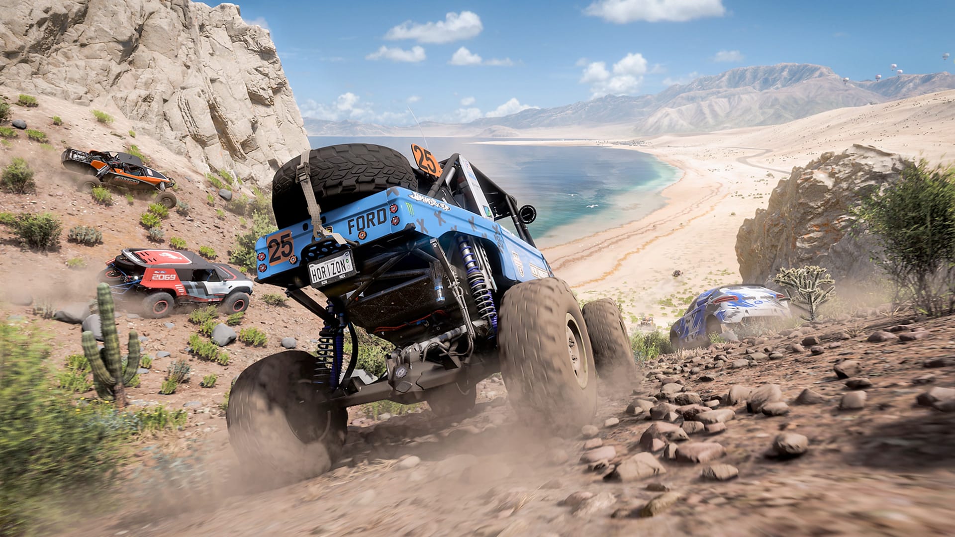 Forza Horizon 5 Screenshot, cars racing off-road, beach in background