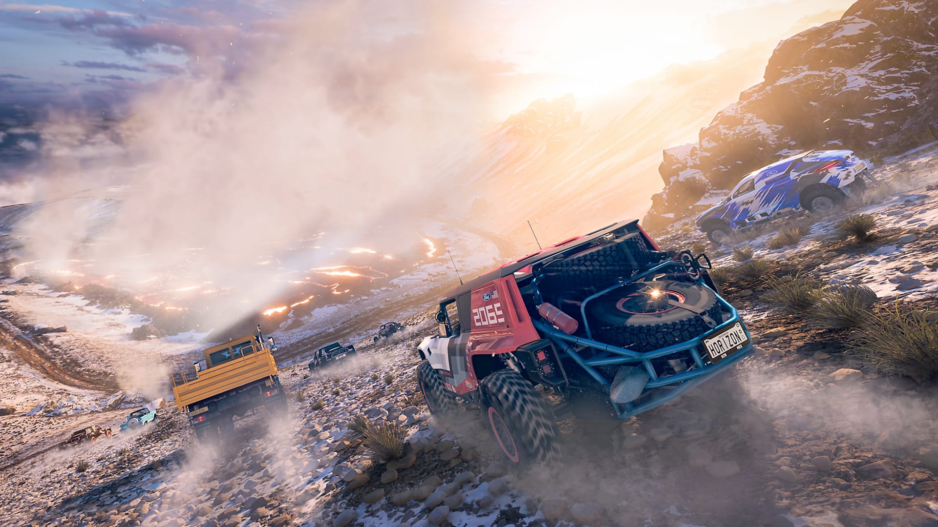 Forza Horizon 5 Screenshot, cars racing down rocky hill