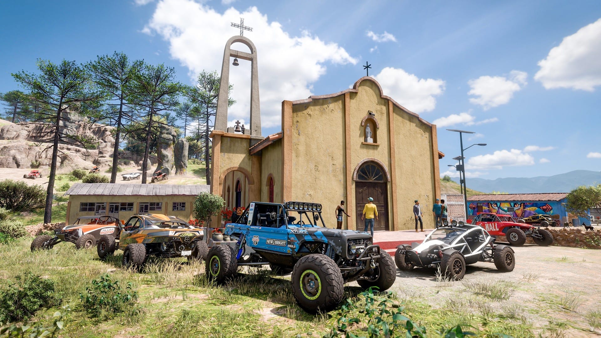 Forza Horizon 5 Screenshot, cars parked outside Mission-style church