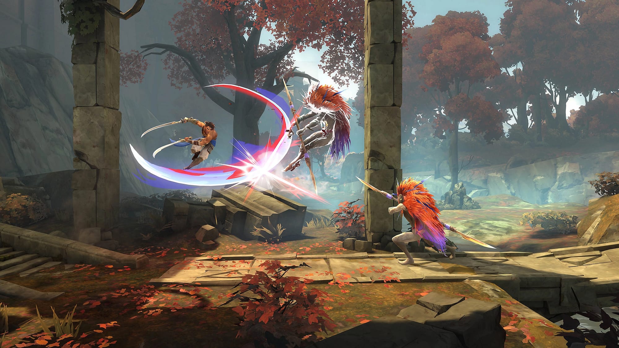 Prince of Persia protagonist performing a jumping attack on two spear-wielding enemies