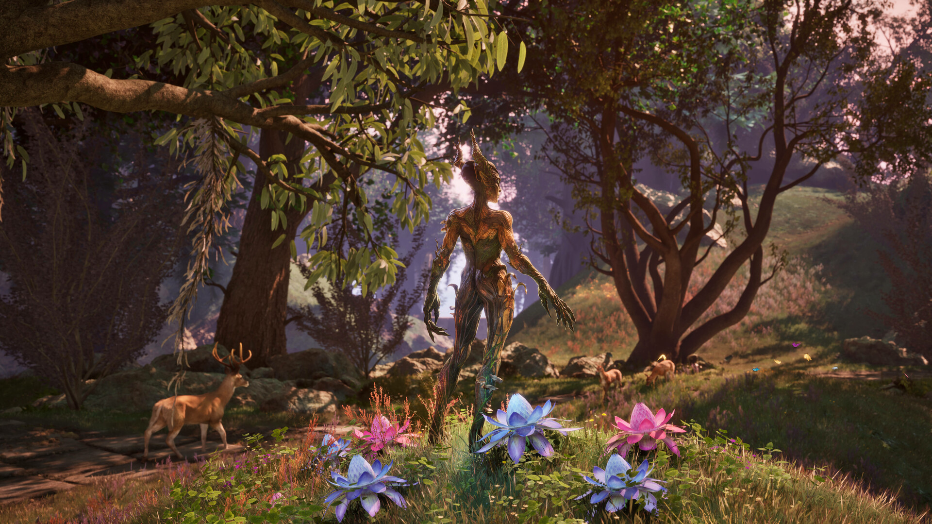 The Elder Scrolls IV: Oblivion Remastered screenshot showing a Spriggan tree-being in a forest, with a small deer nearby