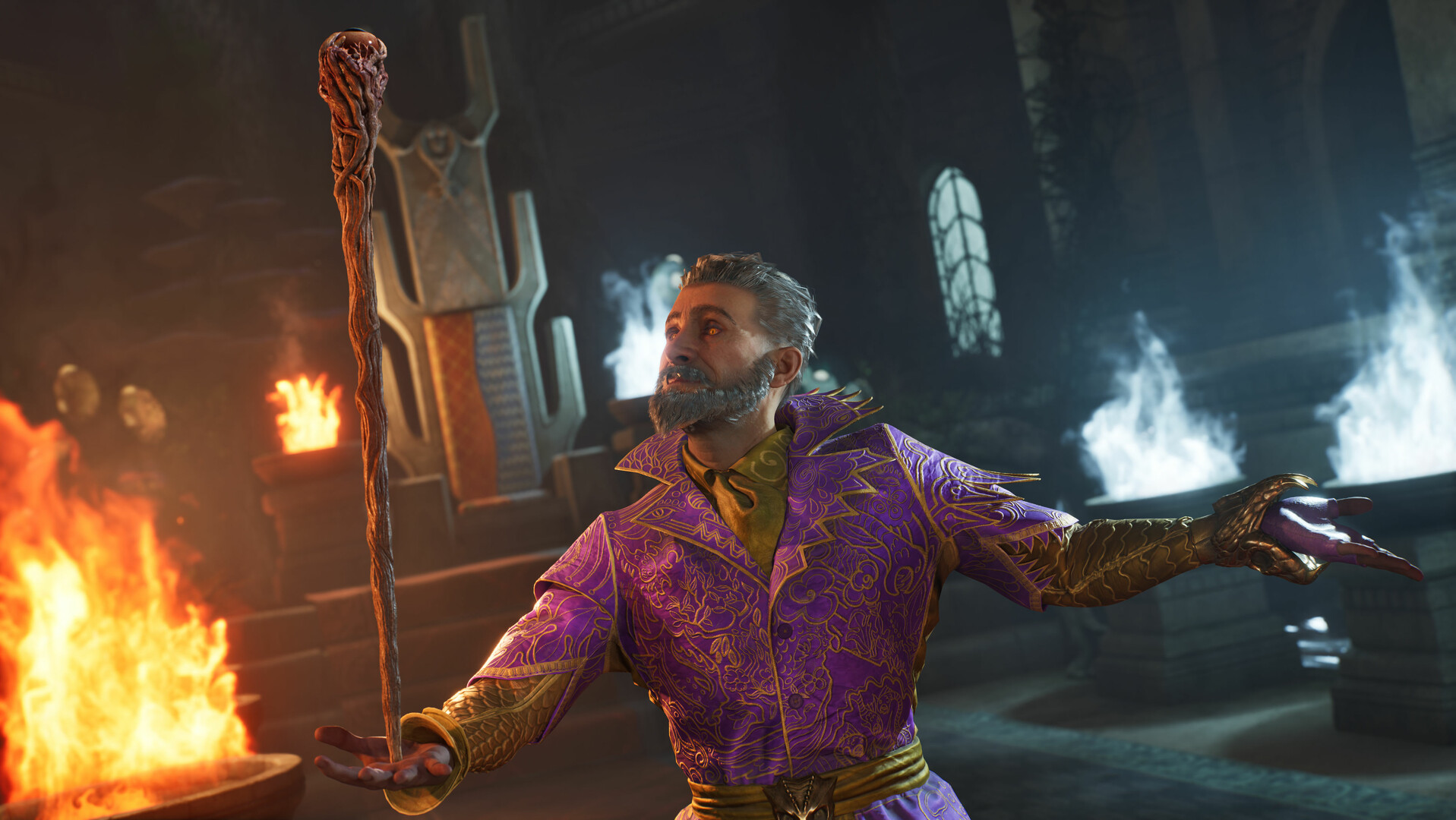 The Elder Scrolls IV: Oblivion Remastered screenshot showing wizard balancing a wand on his hand, magic fire behind him, indoors