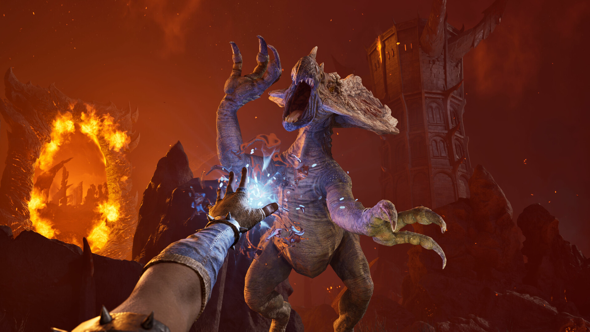 The Elder Scrolls IV: Oblivion Remastered screenshot, player casting magic at enemy, Oblivion Gate in the background