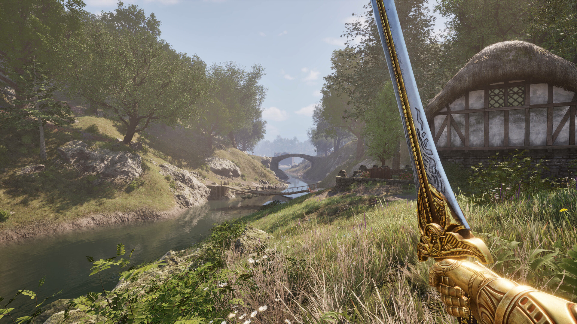 The Elder Scrolls IV: Oblivion Remastered screenshot, player wielding a sword, river and trees in distance