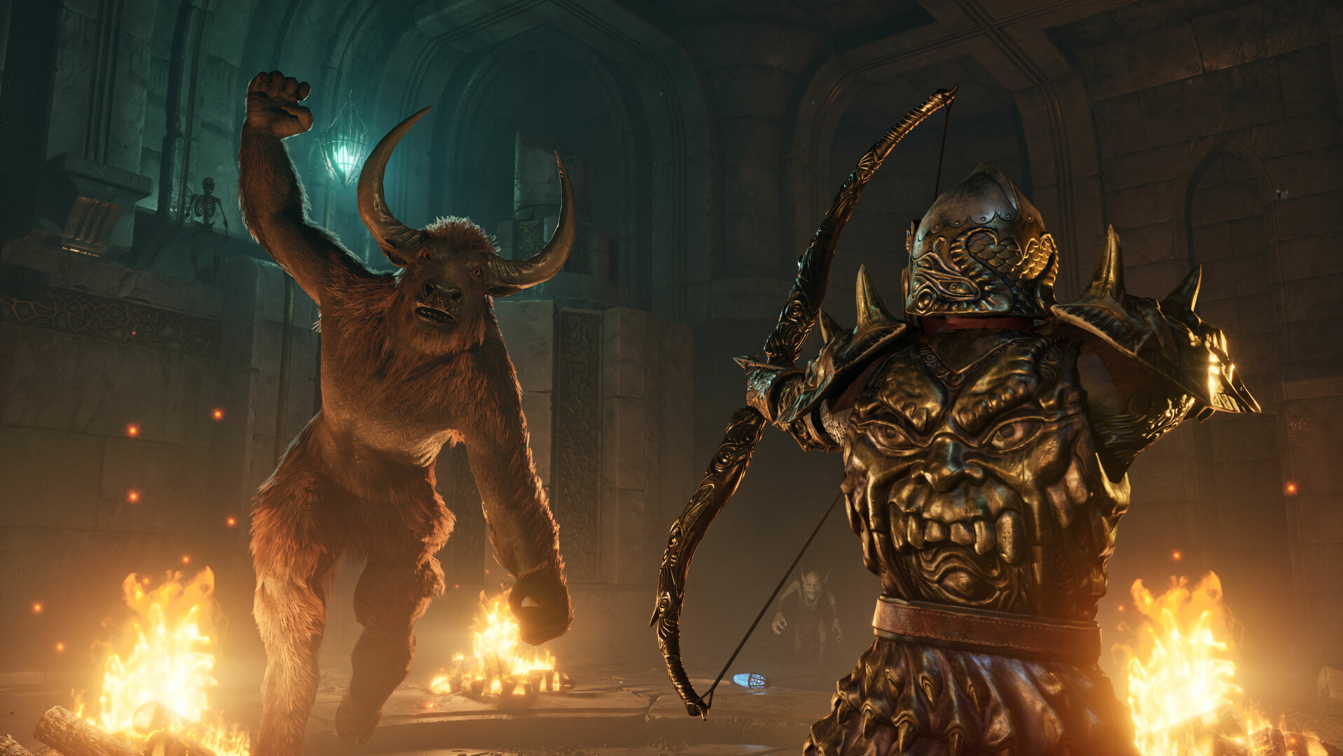 The Elder Scrolls IV: Oblivion Remastered screenshot, armored player shoots bow at Minotaur, indoors