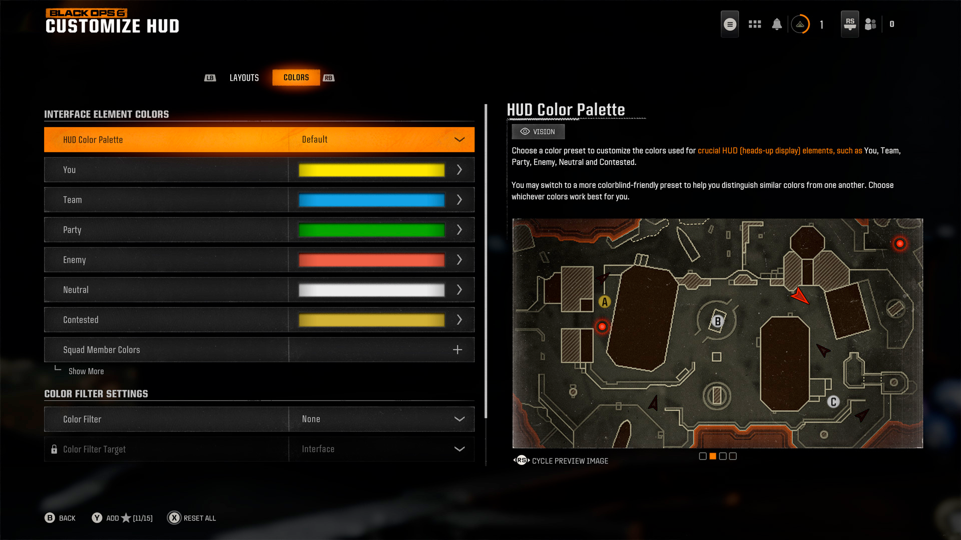 HUD customization showing color palette options and color filter settings