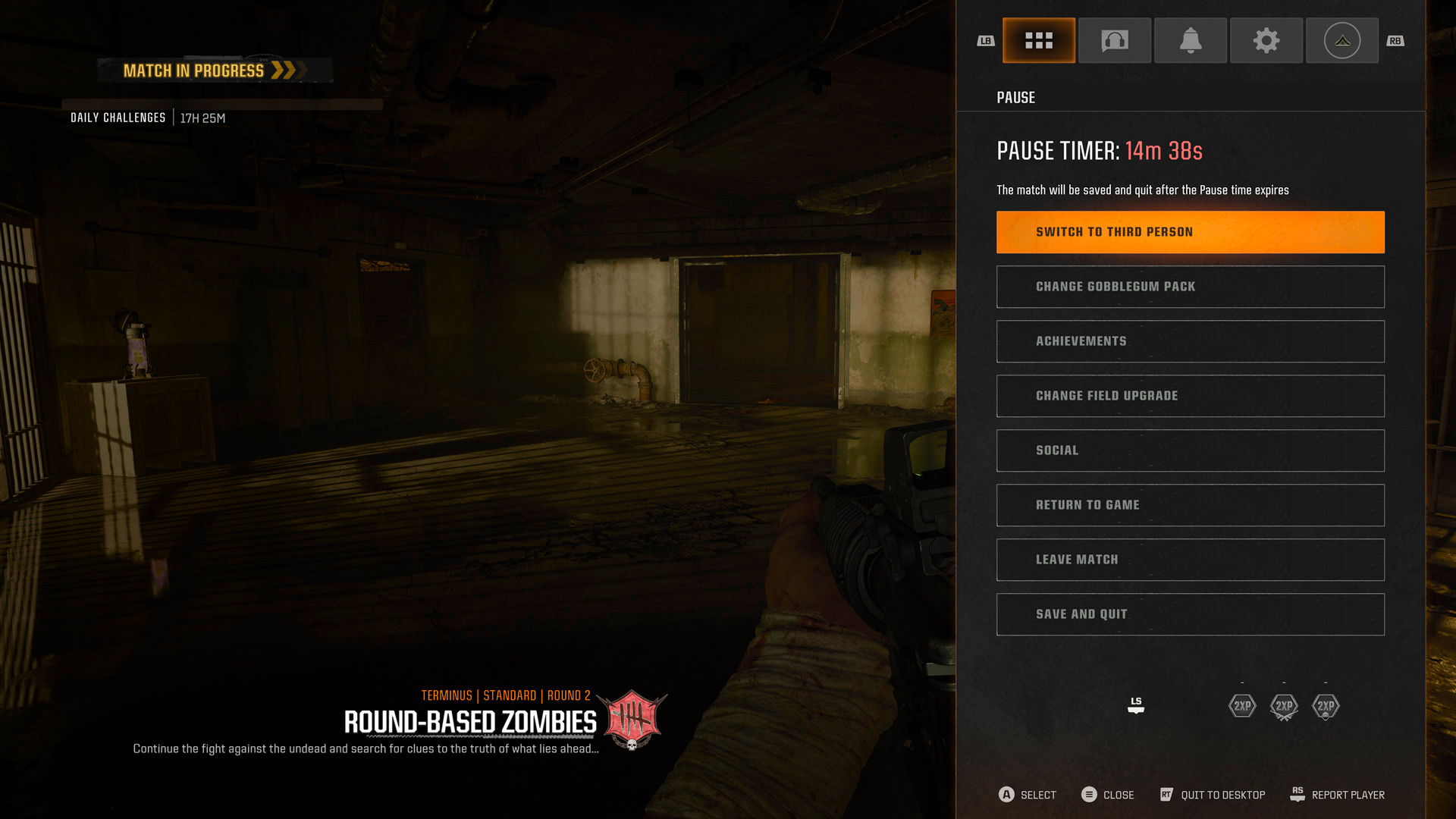 COD Zombies pause menu showing options to switch to third person, change pack, and a pause timer.